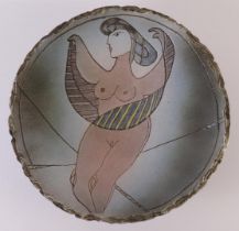 A polychrome ceramic bowl with an image of a female nude, signed on the back: M. Klaver (= Martin