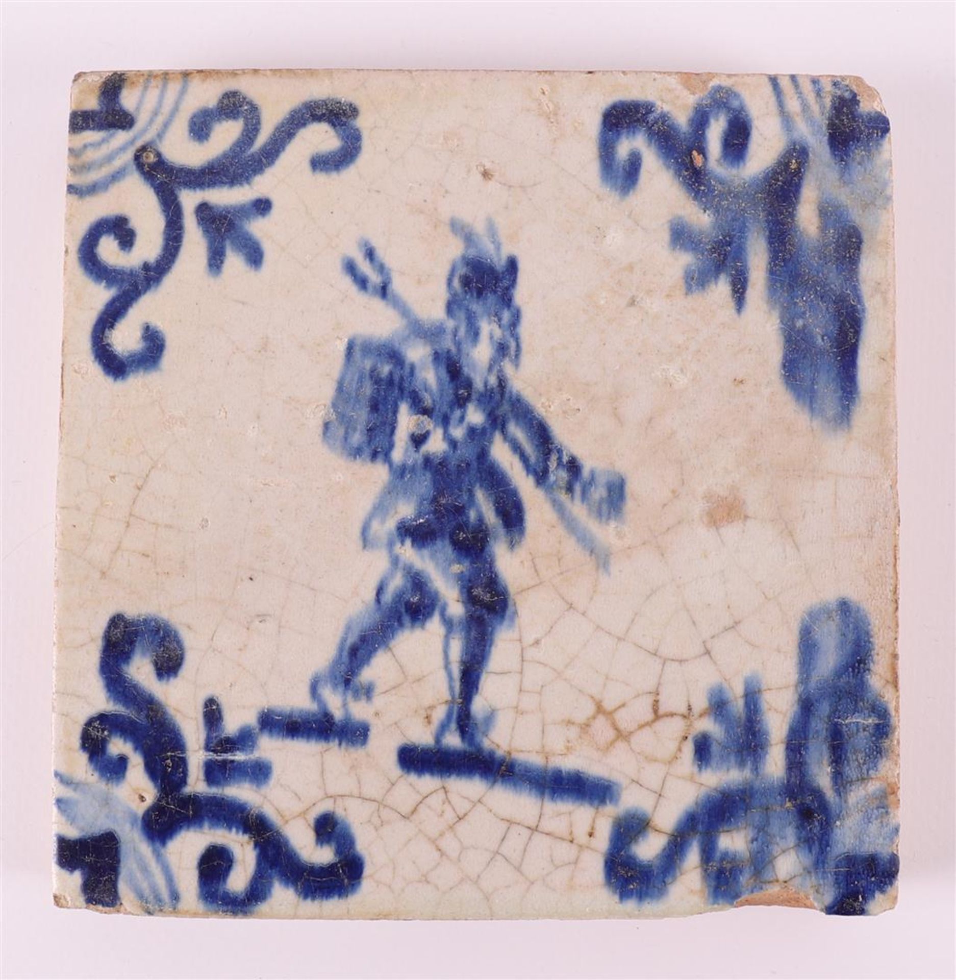 Three various blue/white tiles with, among other things, an image of a nobleman, Holland 17th - Image 5 of 5