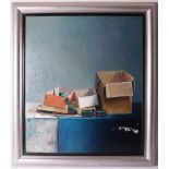 Nijmeijer, J. (Joop) (Hoogeveen 1941-2017) "Still life of boxes with train", signed in full right