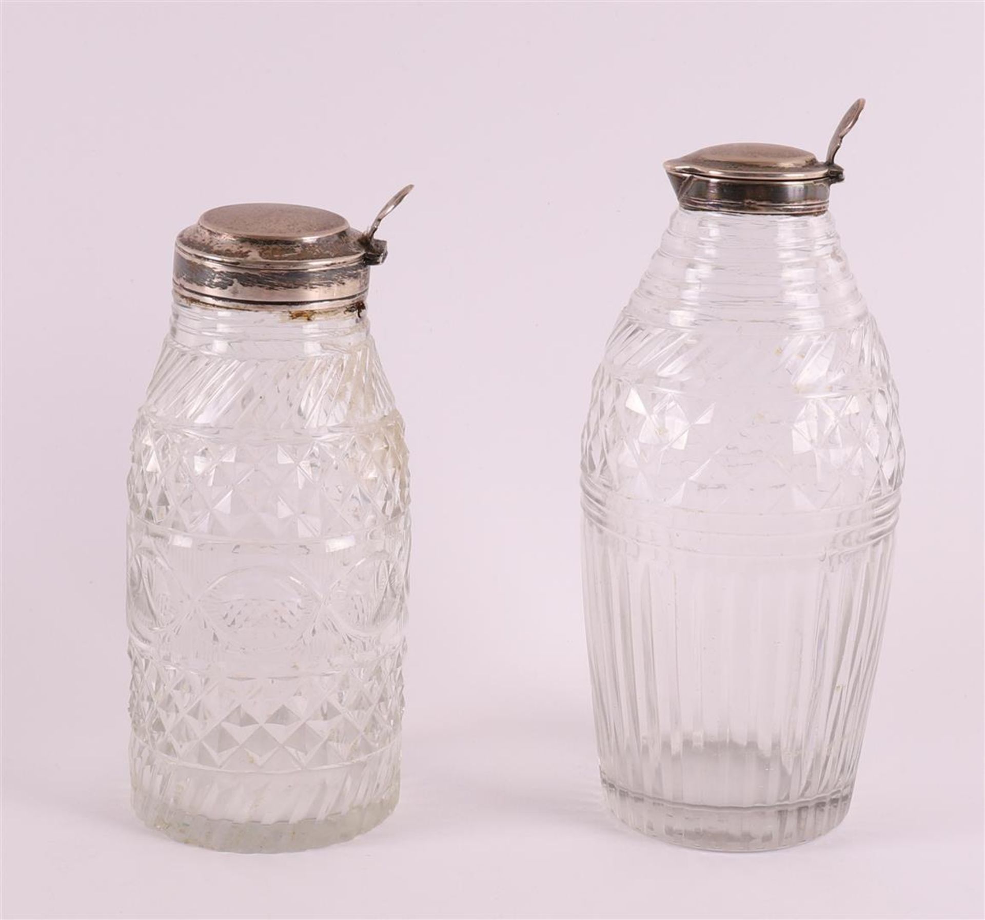 Three silver orchid vases, 20th century. Here are two clear crystal jugs with silver frames, up - Image 3 of 4