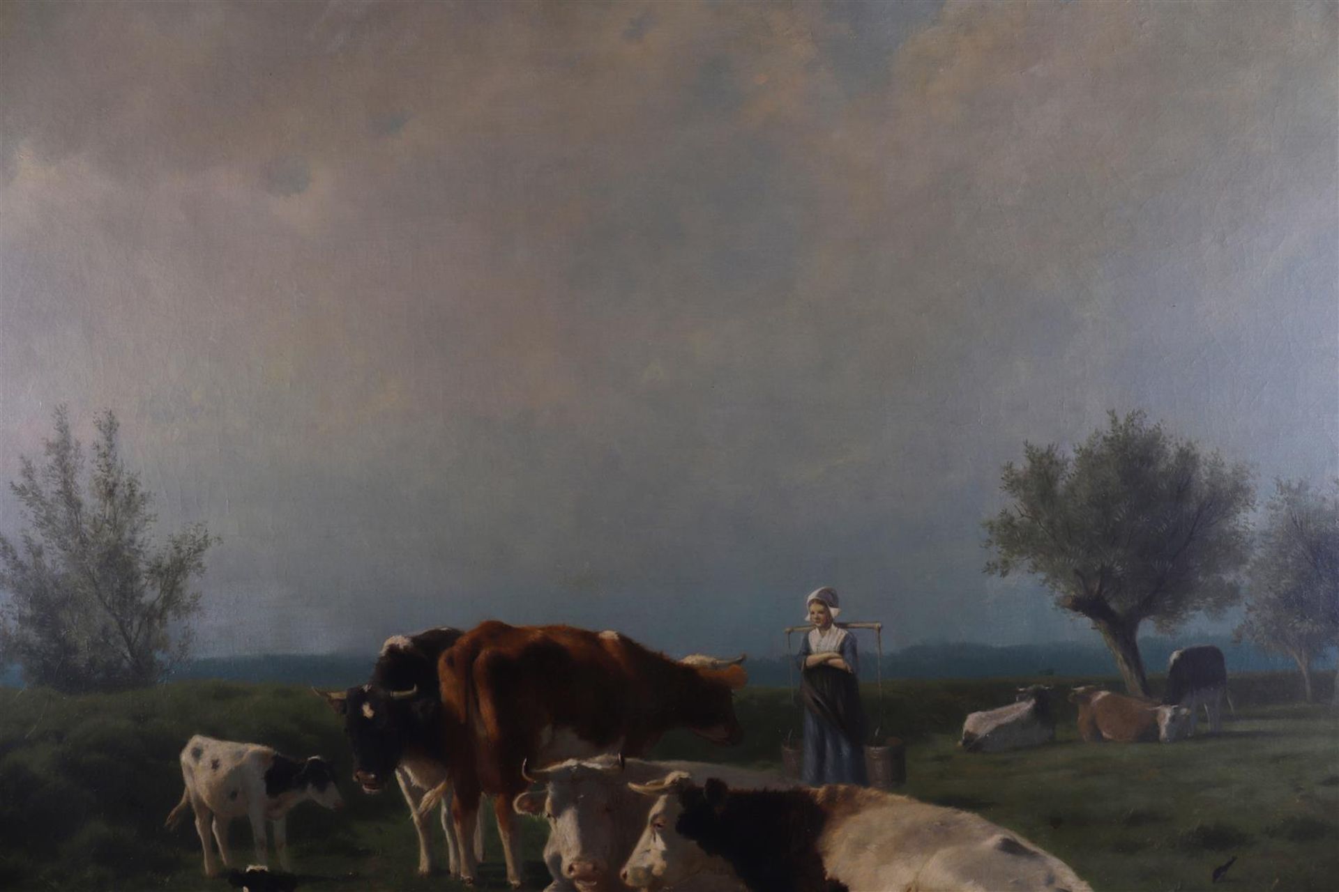 Mauve, Anthonie sr (Zaandam 1838-1888) "Cows and milkmaid in a landscape with pollard willows", - Image 8 of 18