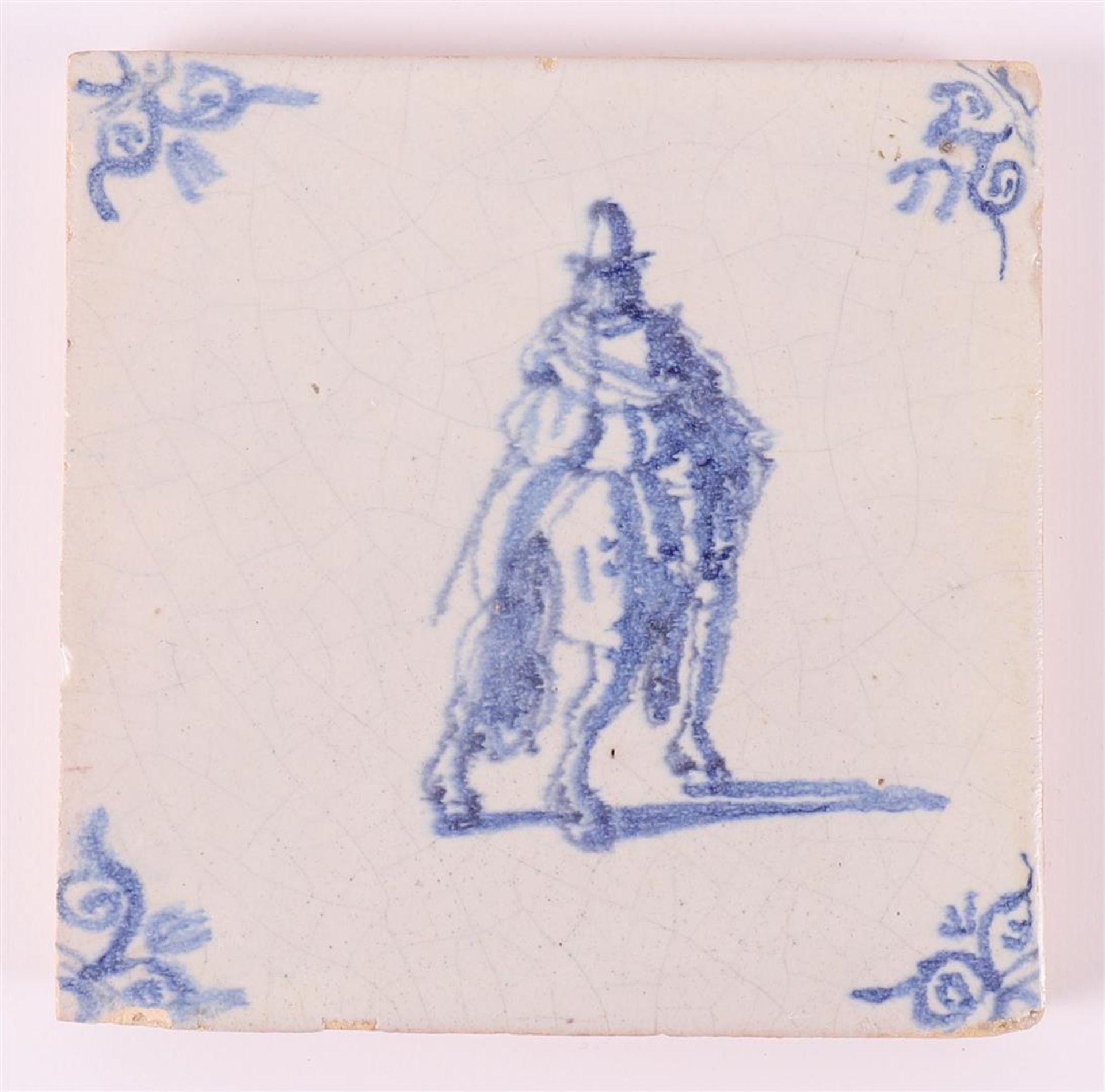 Three various blue/white equestrian tiles with ox head corner motifs, Holland 17th century, h 13 x w - Image 4 of 5