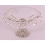 A clear crystal bowl with folded edge, ca. 1880. Decoration of olive cut, two buttons in the stem,