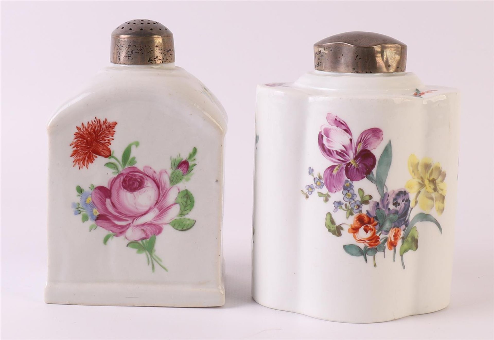 A porcelain tea caddy with silver lid, Germany, Meissen, 20th century. Polychrome floral decor, - Image 2 of 10