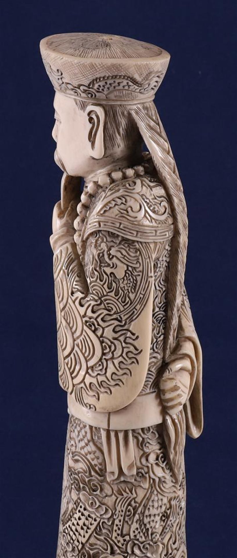 A carved ivory figure of a Mandarin, China, late 19th century. Signed 'Qianlong' bottom, h30 cm, - Image 5 of 14