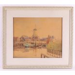 Dutch school early 20th century "Harbor view with mill", unclearly signed bottom left, watercolor/