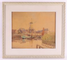 Dutch school early 20th century "Harbor view with mill", unclearly signed bottom left, watercolor/