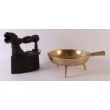 A bronze pan on tripod, 18th century, h 10 x Ø 24 cm (without stem). Here is a cast iron coal