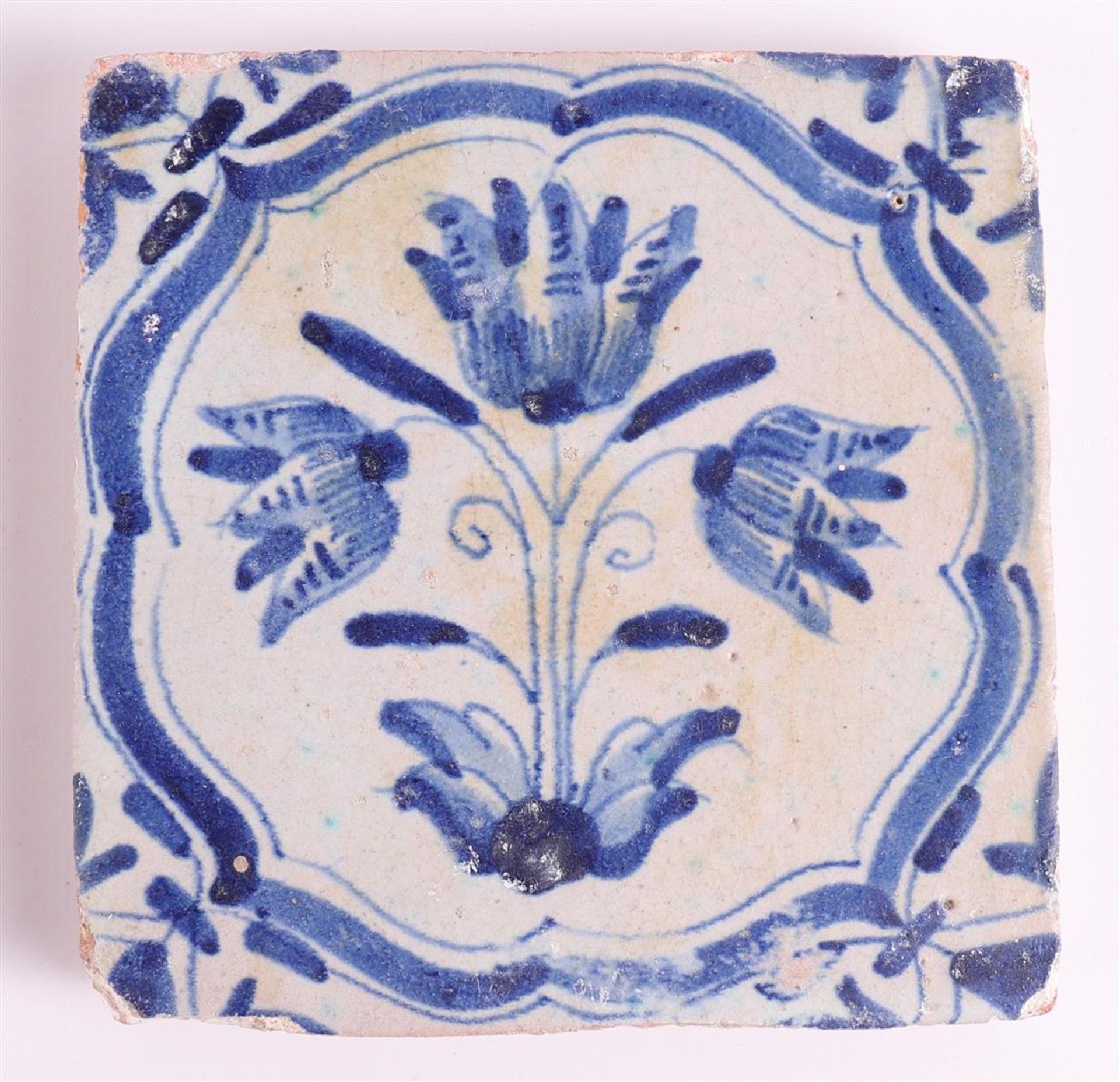 Two blue/white equestrian tiles with ox head corner motifs, Holland 17th century. Here is a flower - Image 5 of 5