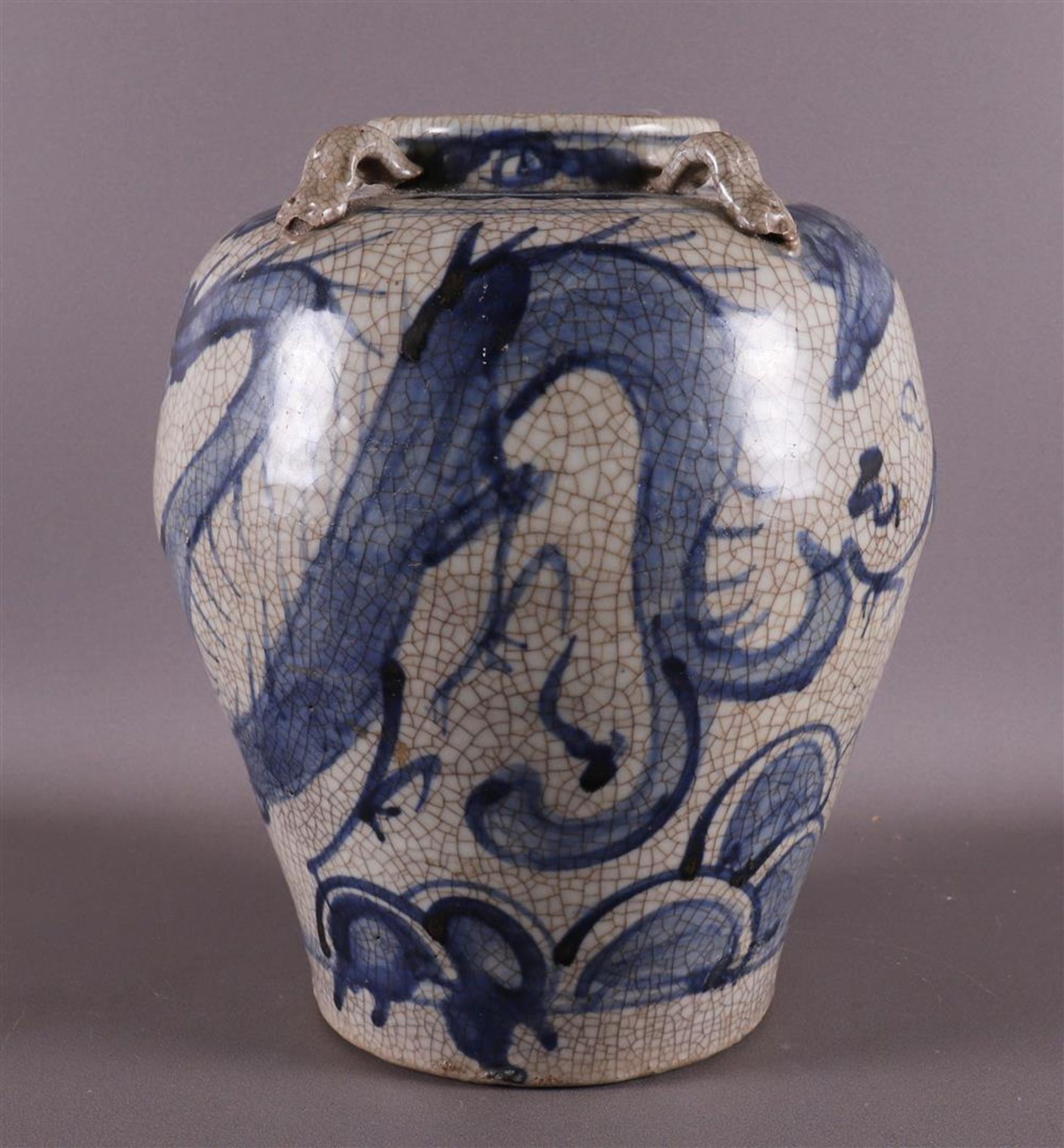 A baluster-shaped Swatow martavan, China, Ming, 16th century. Blue underglaze decor of dragon with - Image 4 of 9