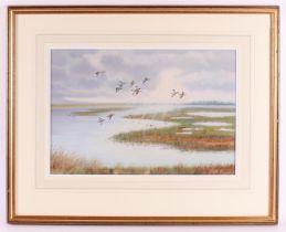 Robjent, Richard (1937) "Flying ducks in a water landscape", signed in full right, watercolor/paper,