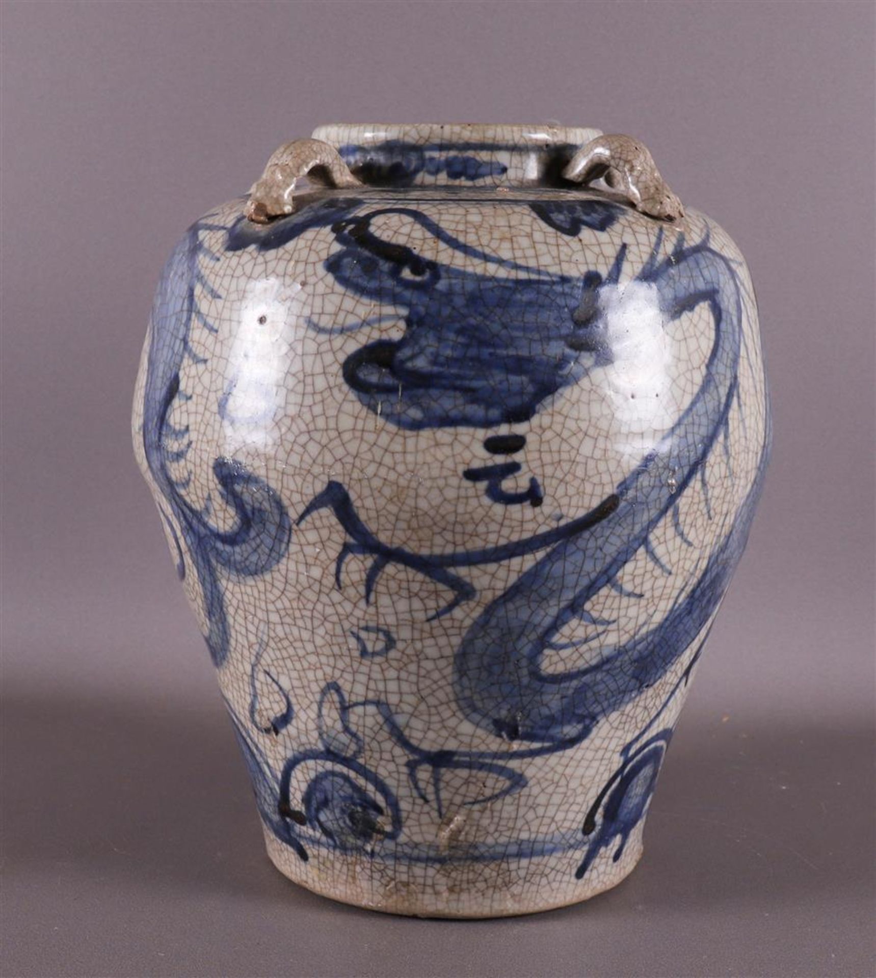 A baluster-shaped Swatow martavan, China, Ming, 16th century. Blue underglaze decor of dragon with - Image 3 of 9