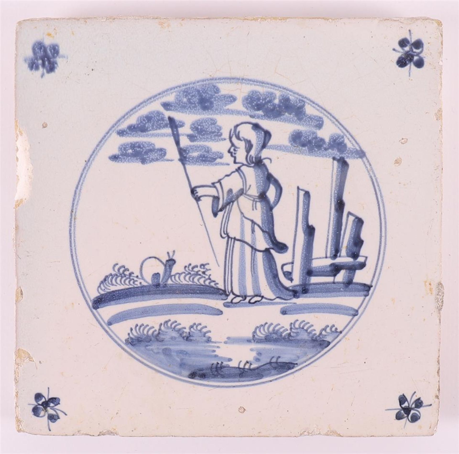 Two blue/white tiles with decor of putti and shepherd at a fence, Holland, 17th century, h 13.0 x - Image 4 of 4