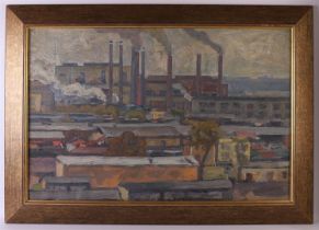 Russian school 20th century "Industrial landscape", signed verso, oil paint/canvas, h 60 x w 90 cm.