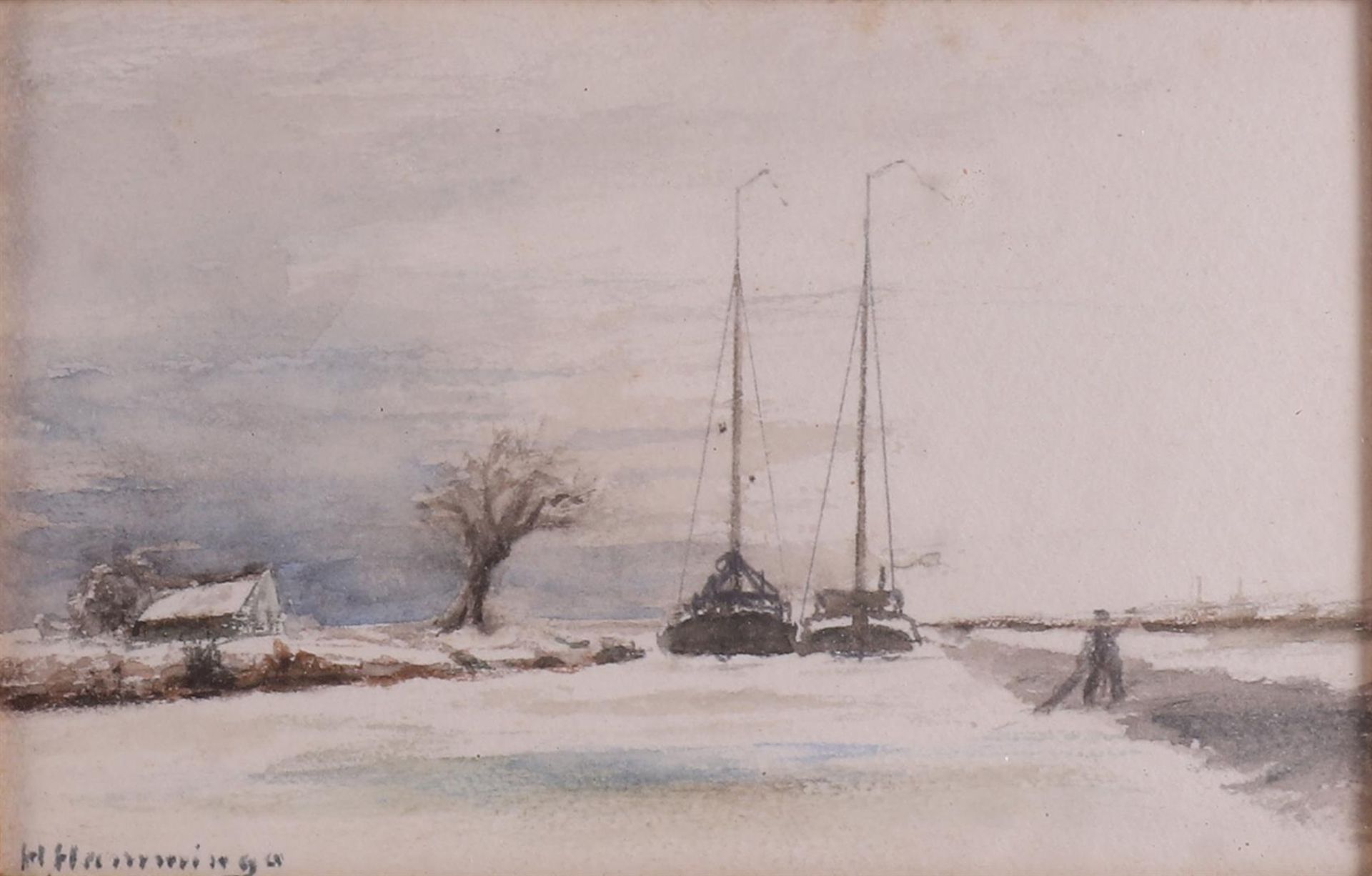 Hamminga, Rieks (1918-) "Botter at harbor mouth", signed l.l., watercolor/paper, h 16.5 x w 22 cm. - Image 4 of 4