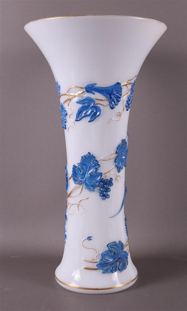 A white glass trumpet vase with blue and gilt relief decoration of grape vines, Bohemia, early - Image 2 of 5