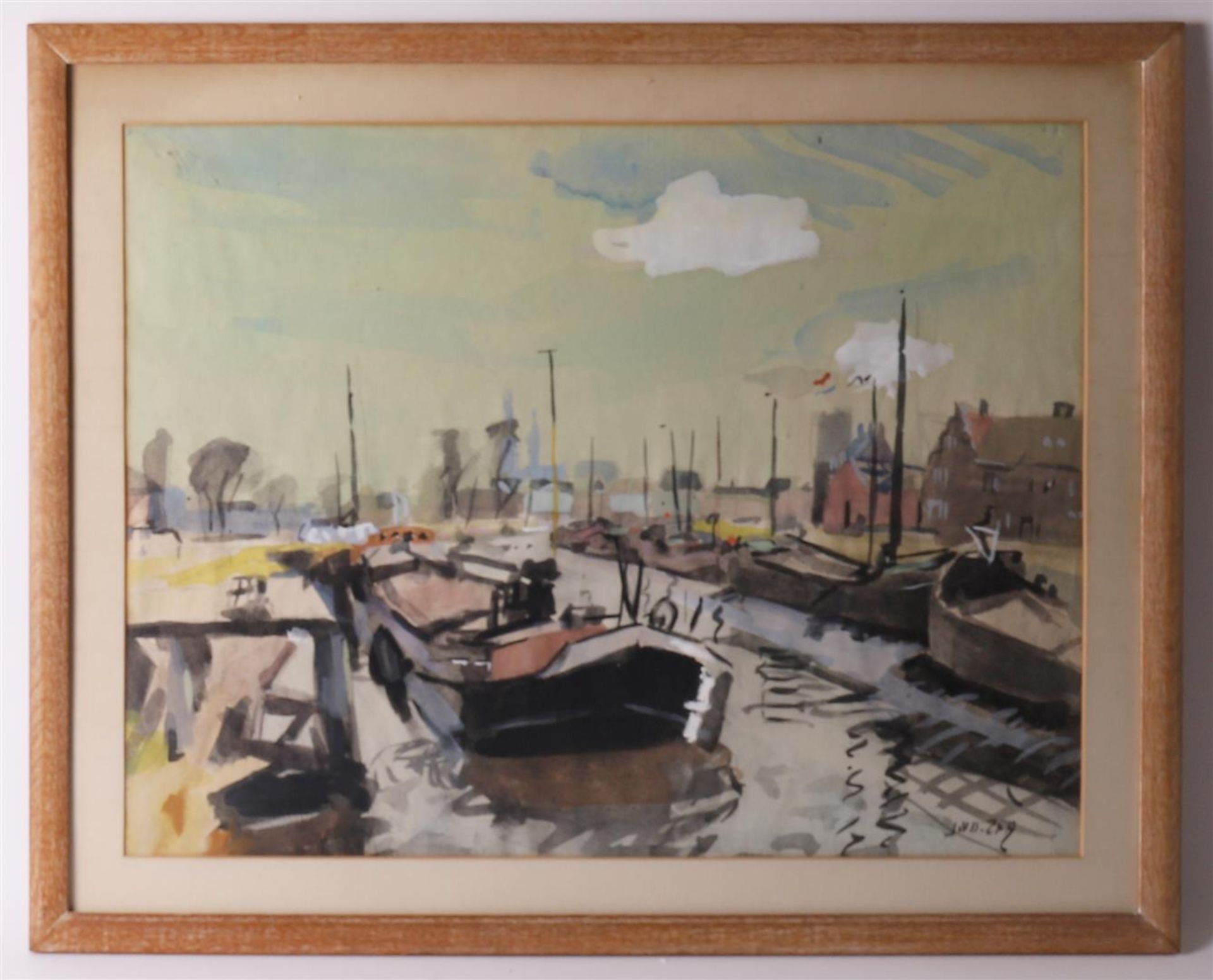 Jan v.d. Sea (1898-1988) "Damsterdiep", signed in full right, gouache/watercolour, h 49 x w64 cm.