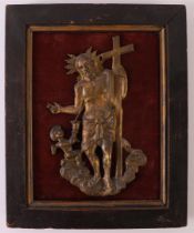 A late copper corpus in relief and wooden frame, Germany 17th century, h 21 x w 16 cm.