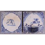 A blue/white tile with a decor of a bear in a cartouche with 'Wanli' corners, Holland, 17th century,