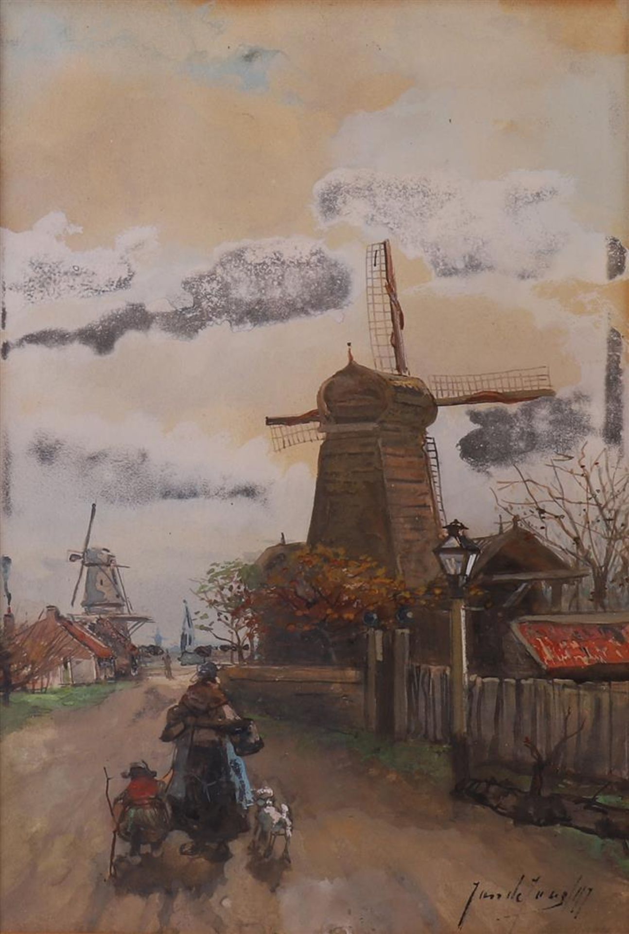 Jong de, Johannes(Jan) (Rotterdam 1864-1901) "Landscape with windmills", signed in full lower - Image 2 of 3