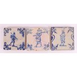 Three various blue/white tiles with, among other things, an image of a nobleman, Holland 17th
