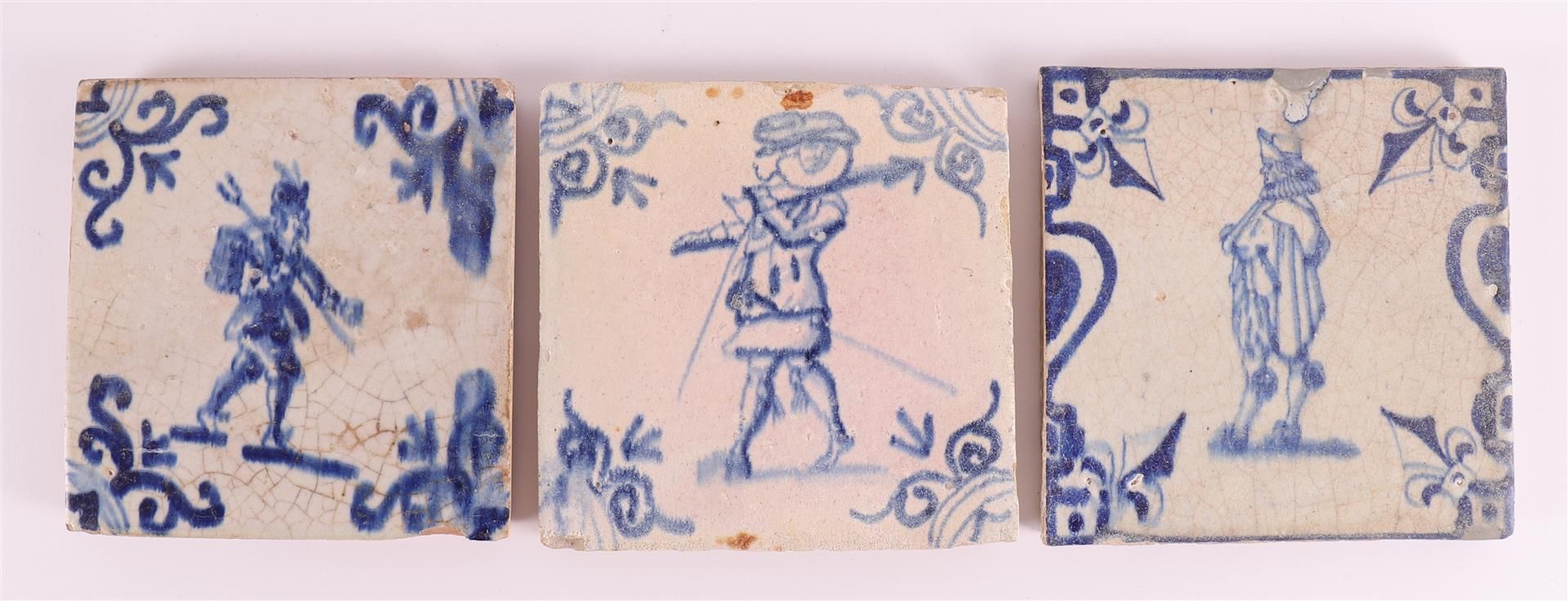 Three various blue/white tiles with, among other things, an image of a nobleman, Holland 17th