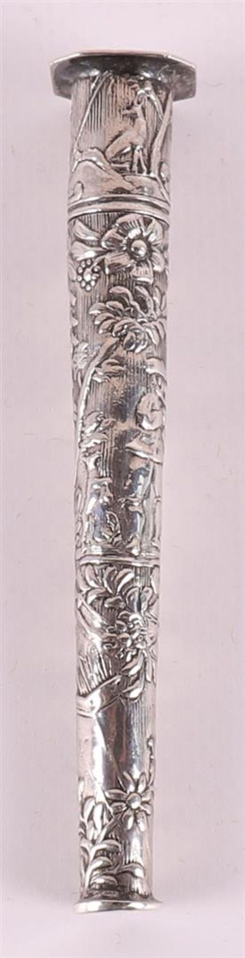 A second grade 835/1000 silver needle case with needles and chased landscape decor, Holland,