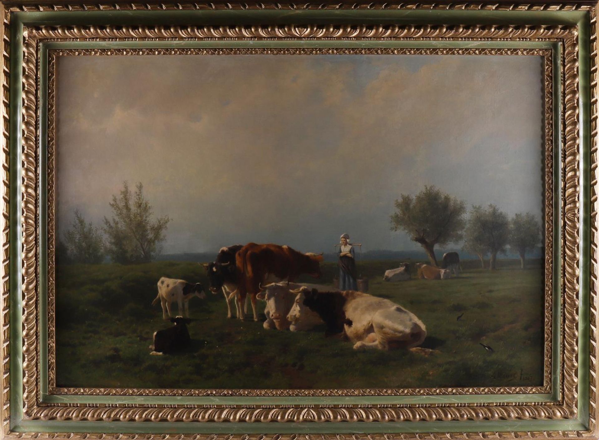 Mauve, Anthonie sr (Zaandam 1838-1888) "Cows and milkmaid in a landscape with pollard willows", - Image 2 of 18