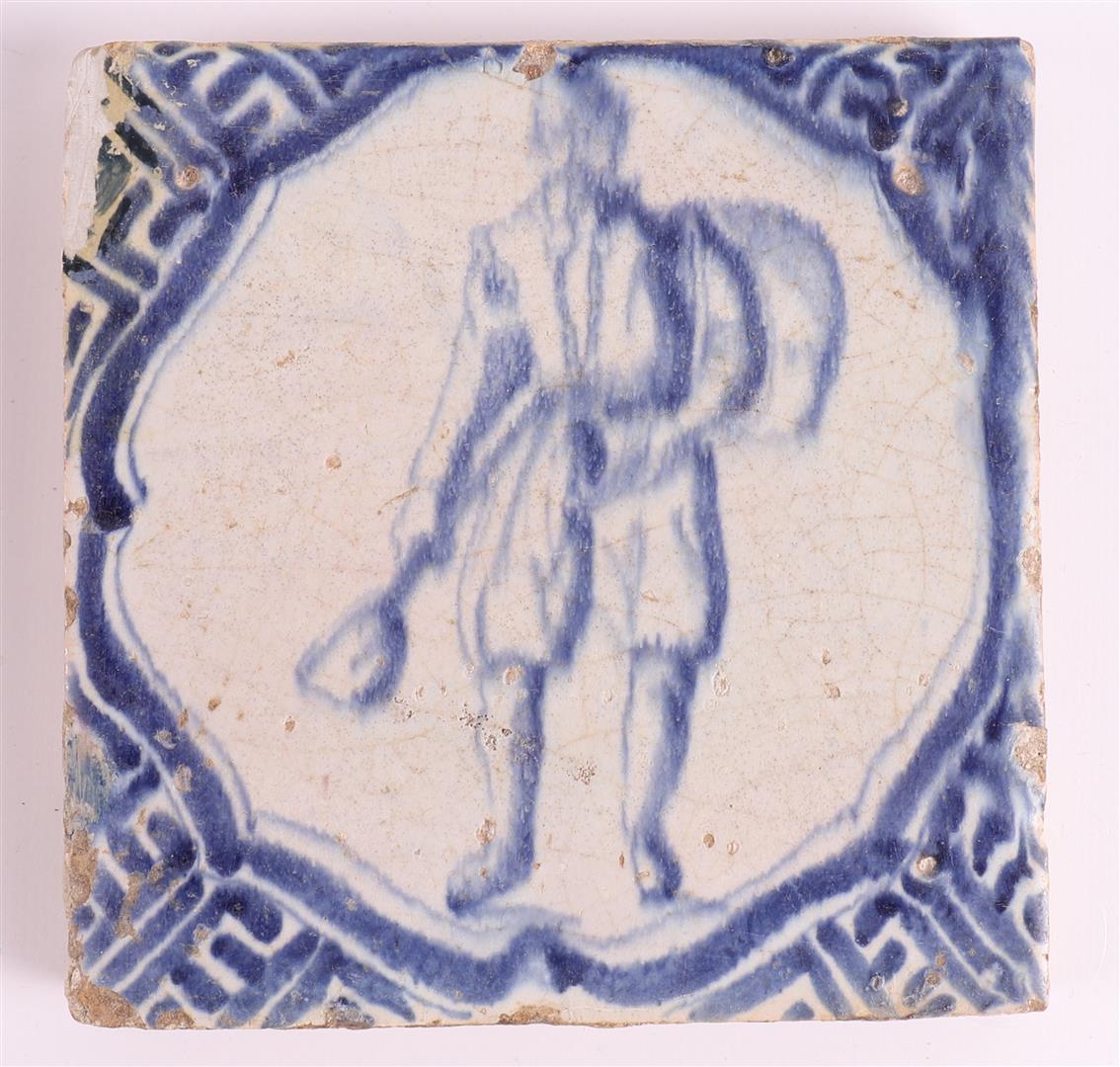 Three various blue/white tiles with, among other things, an image of a man with a bird and a woman - Image 6 of 6
