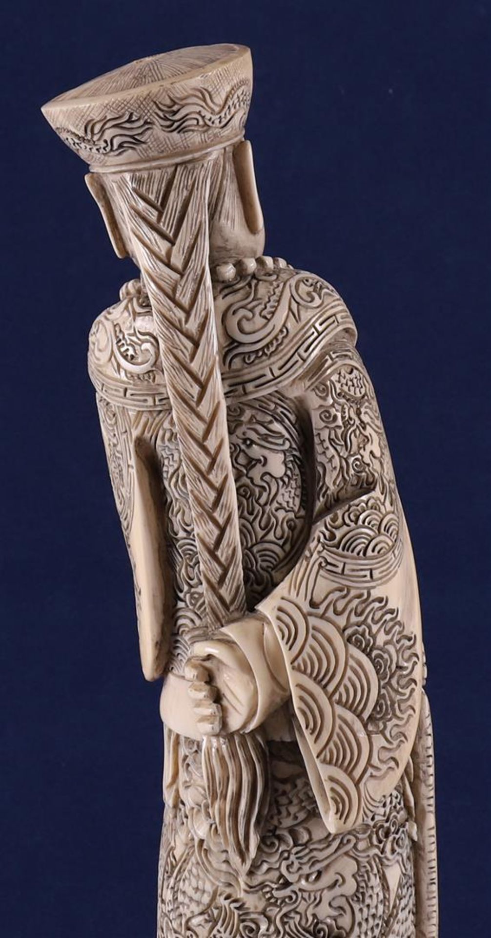 A carved ivory figure of a Mandarin, China, late 19th century. Signed 'Qianlong' bottom, h30 cm, - Image 8 of 14