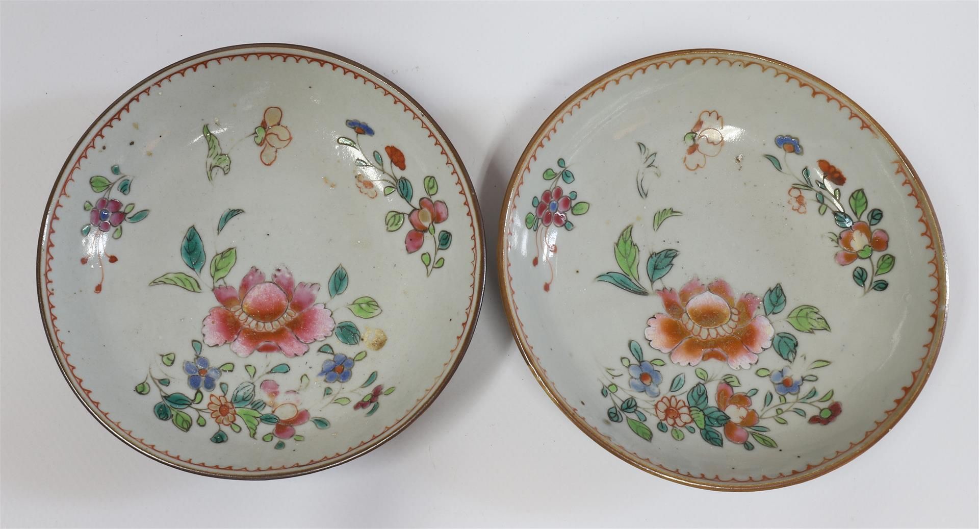 A series of porcelain famille rose cups and saucers on capucine ground, China, Qianlong, 18th - Image 4 of 17