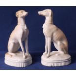 A pair of biscuit porcelain Greyhounds, England 19th century, h 12 cm, to. 2x.