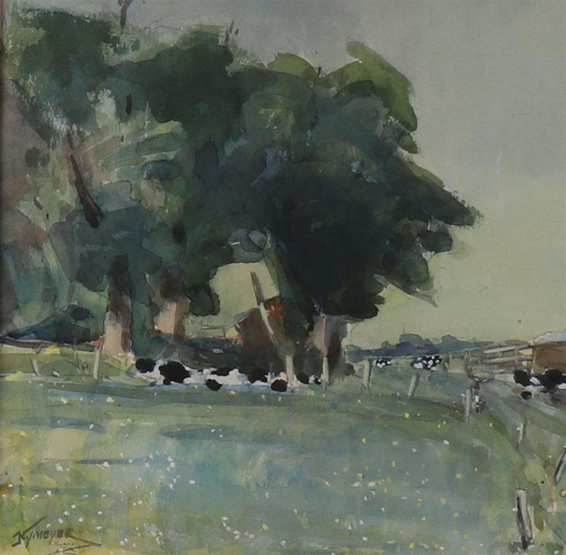 Nijmeijer, J. (Joop) (Hoogeveen 1941-2017) "Drenthe landscape with cows", signed in full lower left, - Image 2 of 2