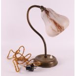 A brass table/desk lamp with cloudy glass shade (chips), ca. 1930, h 30 cm.