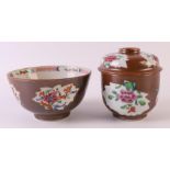 A porcelain famille rose lidded jar on capucine ground, so-called Batavia ware, China, Qianlong,