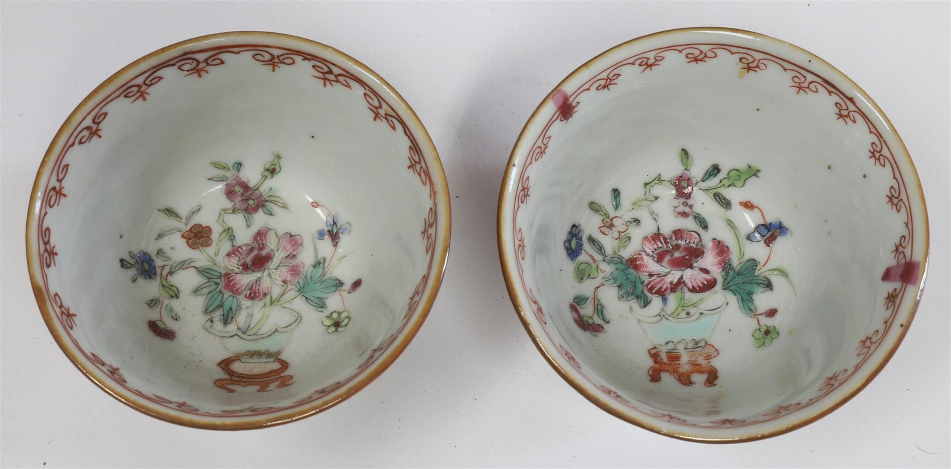 A series of porcelain famille rose cups and saucers on capucine ground, China, Qianlong, 18th - Image 11 of 17