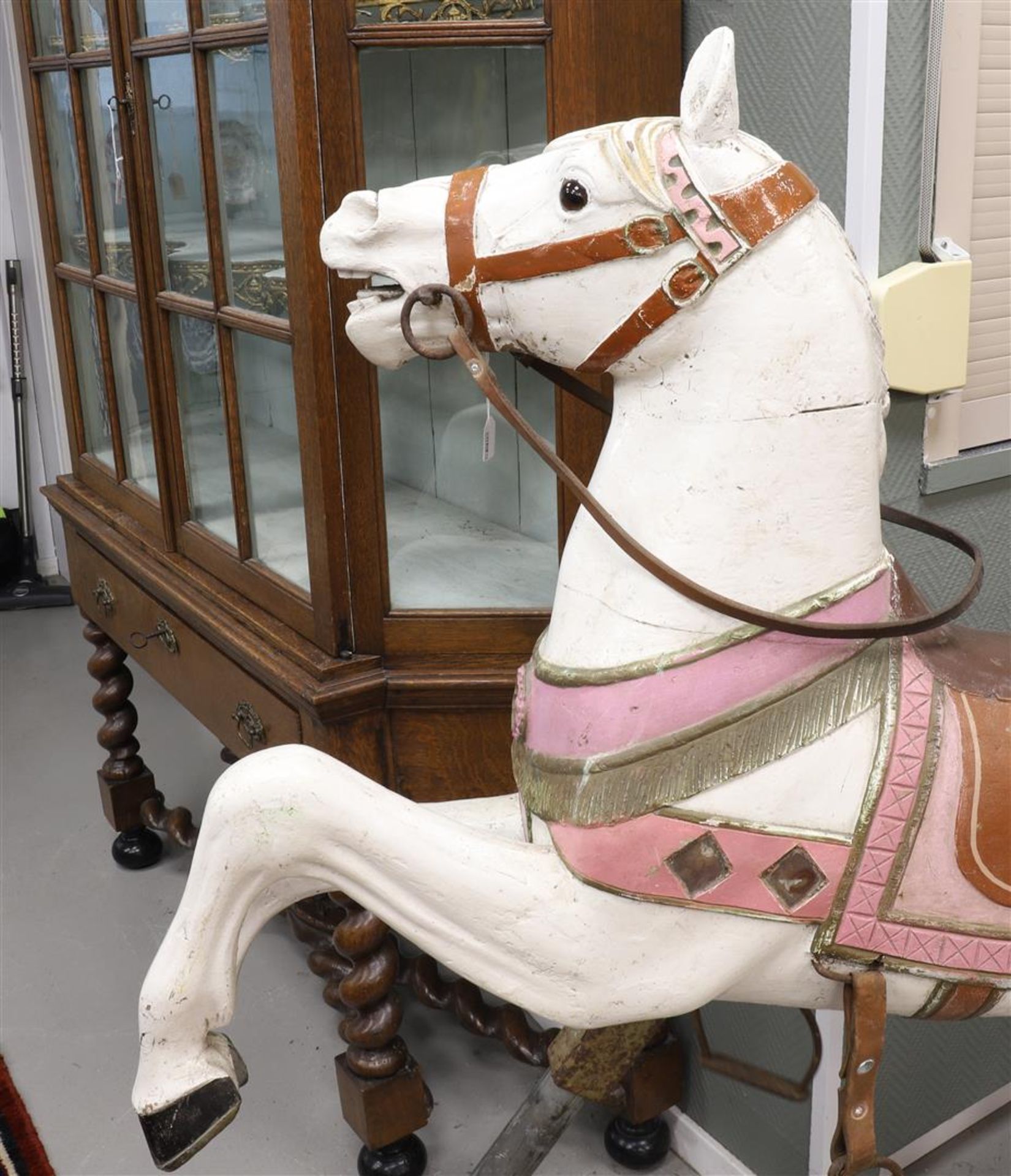 A white lacquered wooden fair horse, mid-20th century, h 140 x l 130 cm. - Image 5 of 6