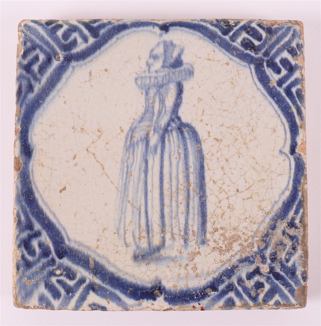 Three various blue/white tiles with, among other things, an image of a man with a bird and a woman - Image 5 of 6