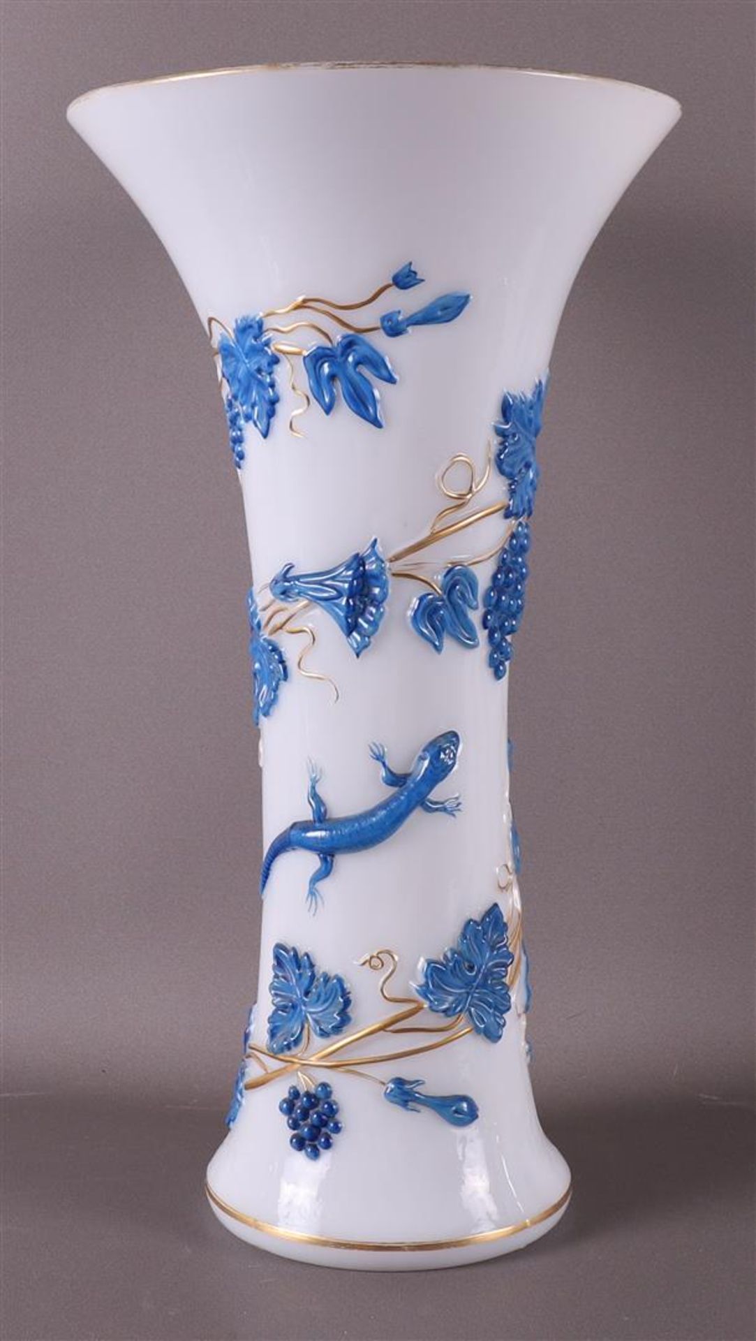 A white glass trumpet vase with blue and gilt relief decoration of grape vines, Bohemia, early - Image 3 of 5