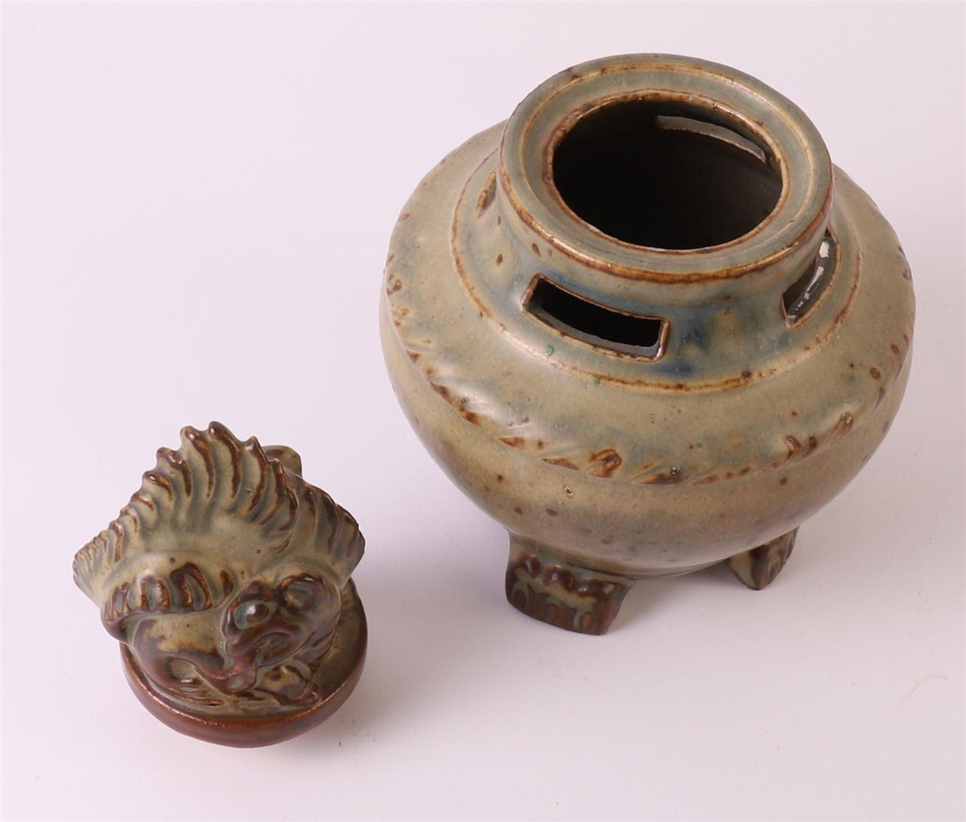 A brown glazed stoneware incense burner, Denmark, Royal Copenhagen, 20th century, h 17 cm. Here is a - Image 5 of 8