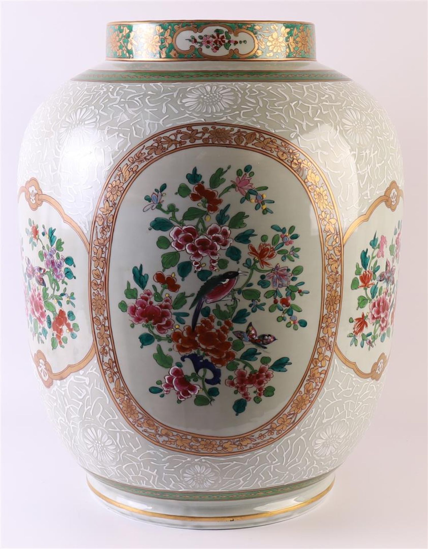 A porcelain lantern vase, France, Samon, 19th century. Polychrome decor of flora, birds and - Image 5 of 9