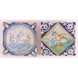 A blue/white tile with a decor of a deer in a round cartouche, Holland, 17th century, h 13.5 x w