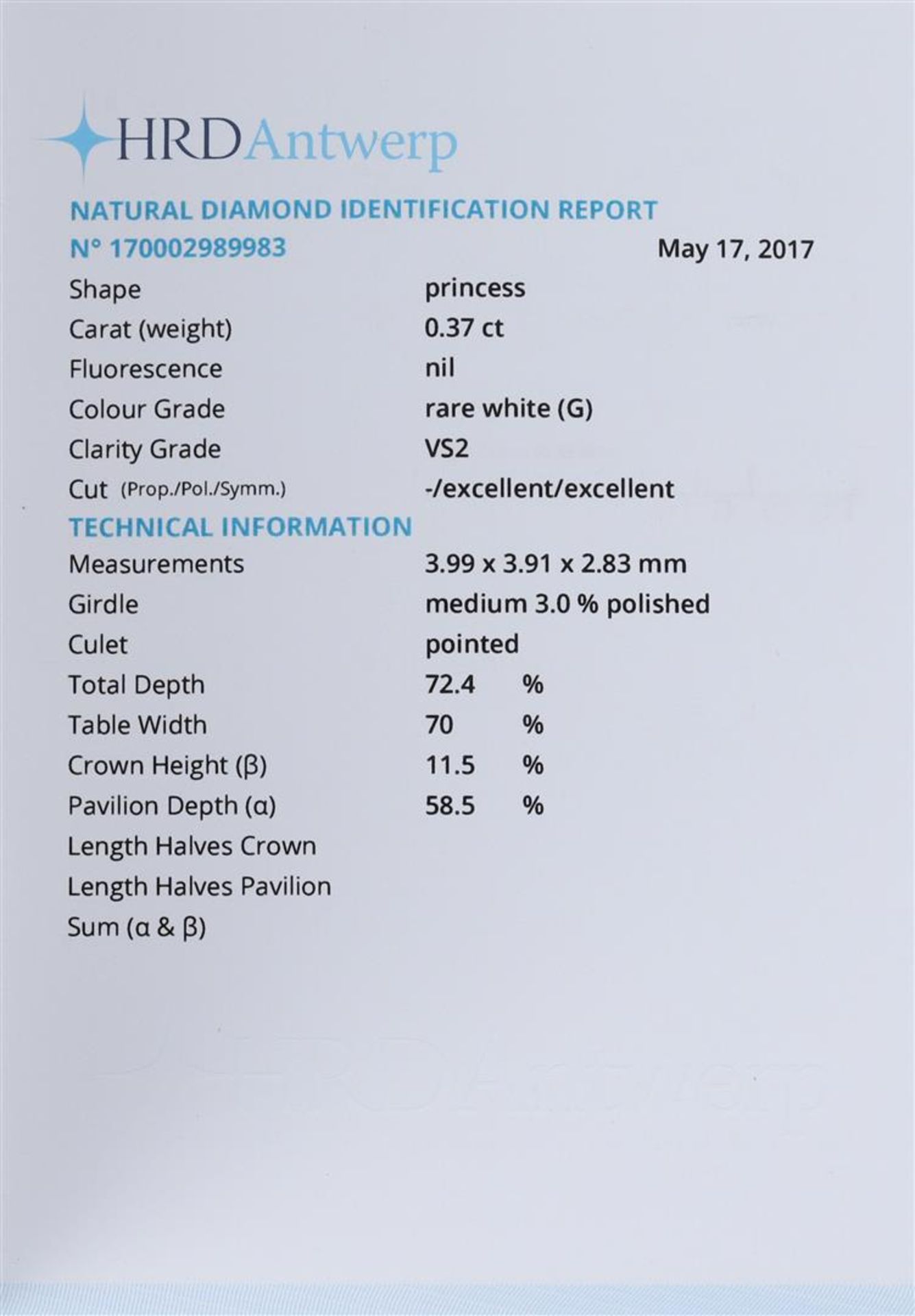 A princess cut diamond of 0.37 crt |G|-VS2. With HRD certificate. - Image 4 of 4