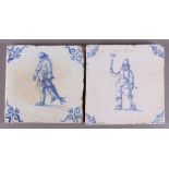 A blue/white tile with an image of a man with a dagger, ox head corner motif, Holland 17th