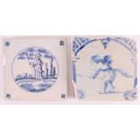 Two blue/white tiles with decor of putti and shepherd at a fence, Holland, 17th century, h 13.0 x