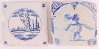 Two blue/white tiles with decor of putti and shepherd at a fence, Holland, 17th century, h 13.0 x