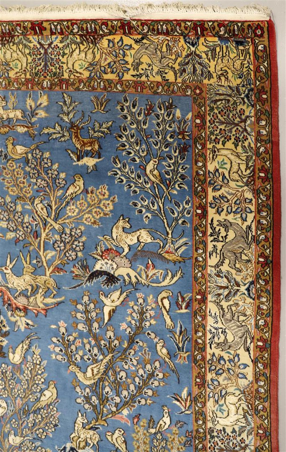 A Persian silk carpet, Ilam Sherkat Farsh. Polychrome decor of deer, hares and birds in floral - Image 5 of 6