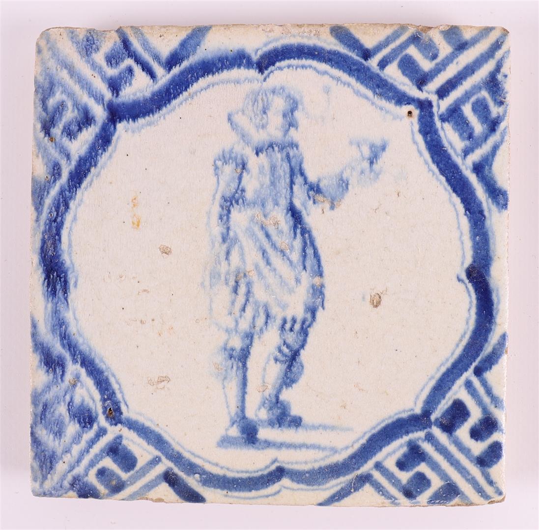 Three various blue/white tiles with, among other things, an image of a man with a bird and a woman - Image 4 of 6