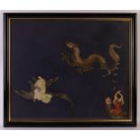An embroidery depicting figures including dragon and bird, China, 20th century, h 50 x w 60 cm (
