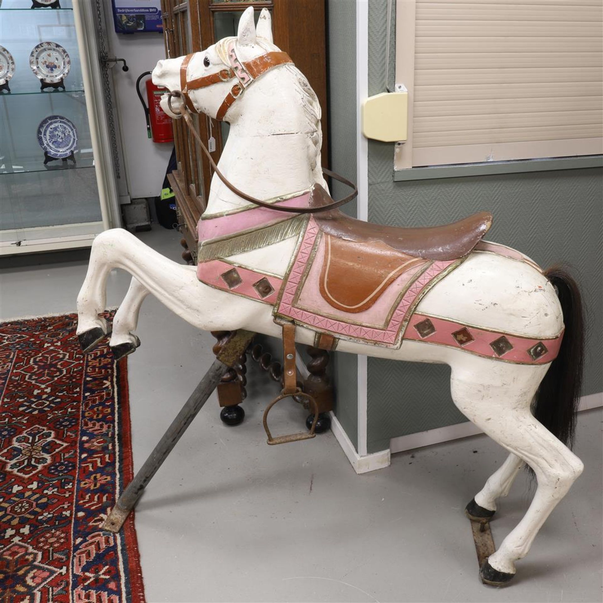 A white lacquered wooden fair horse, mid-20th century, h 140 x l 130 cm. - Image 4 of 6